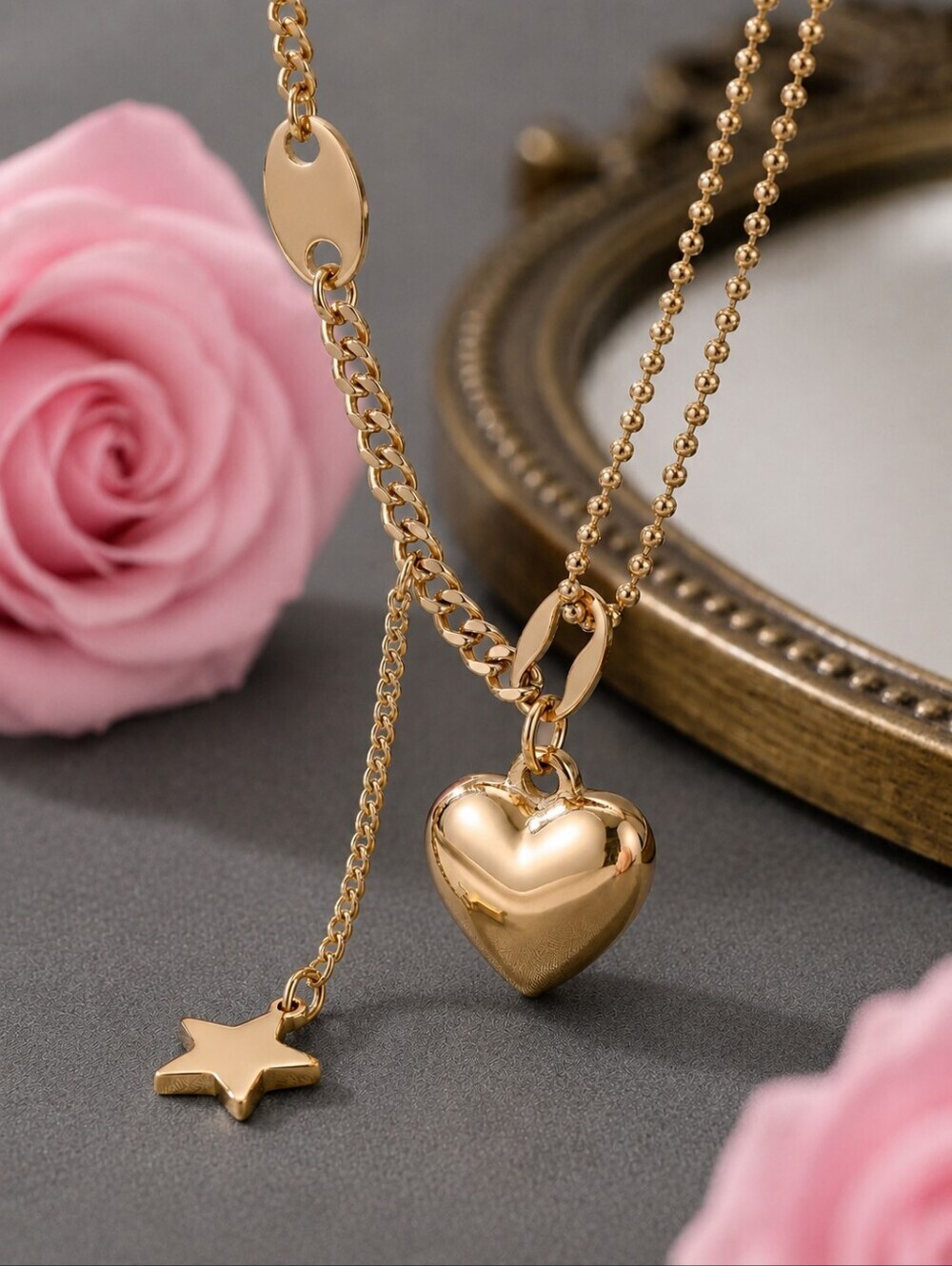 18K Gold Plated Puffy Heart Star Layered Necklace Coquette Celestial Clean Girl